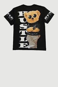 Boys Hustle Teddy Graphic Crew Neck T Shirt, Black, Size M