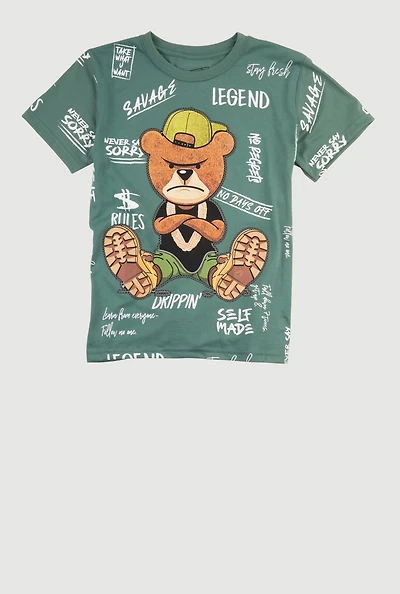 Boys Savage Teddy Graphic Short Sleeve Crew Neck T Shirt, Green, Size L