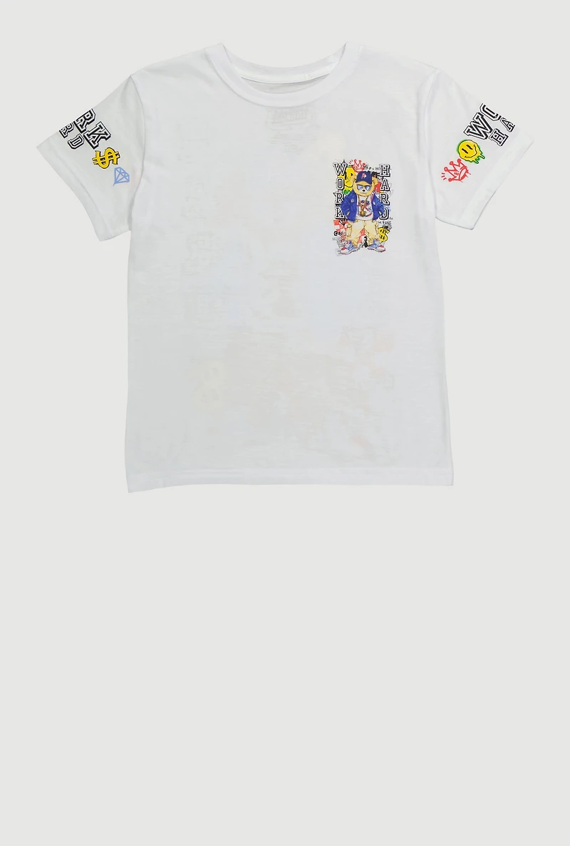 Boys Work Hard Teddy Graphic Short Sleeve Crew Neck Tee