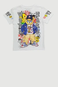 Boys Work Hard Teddy Graphic Short Sleeve Crew Neck Tee, White, Size L
