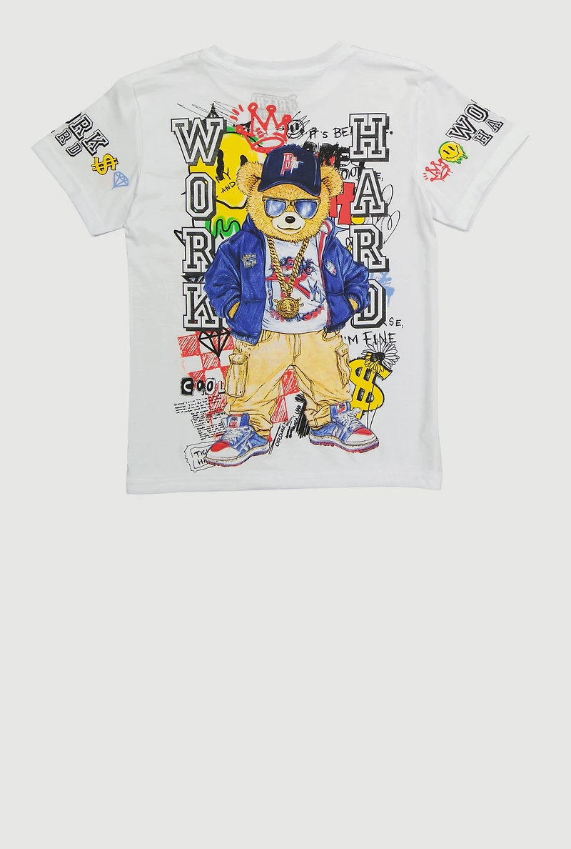 Boys Work Hard Teddy Graphic Short Sleeve Crew Neck Tee
