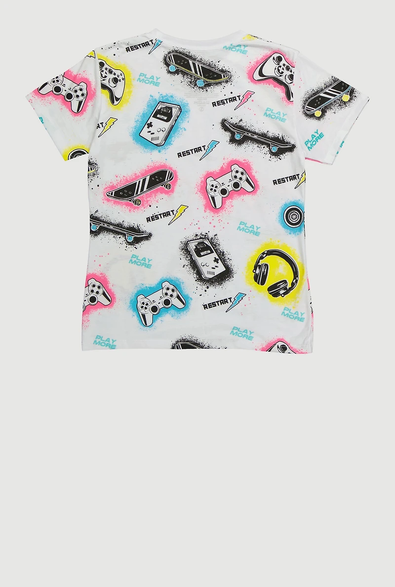 Boys Video Game Patterned T Shirt, Multi, Size S