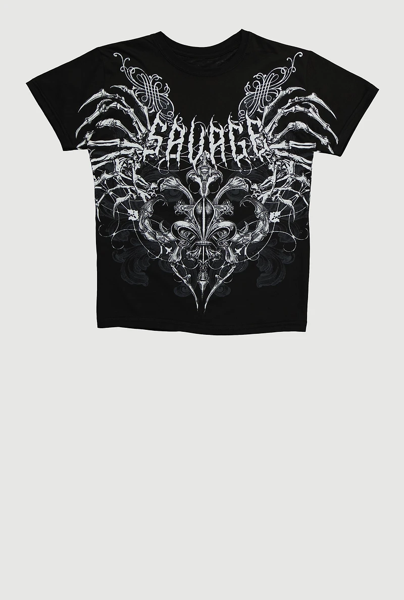 Boys Savage Graphic Crew Neck Tee, Black, Size M