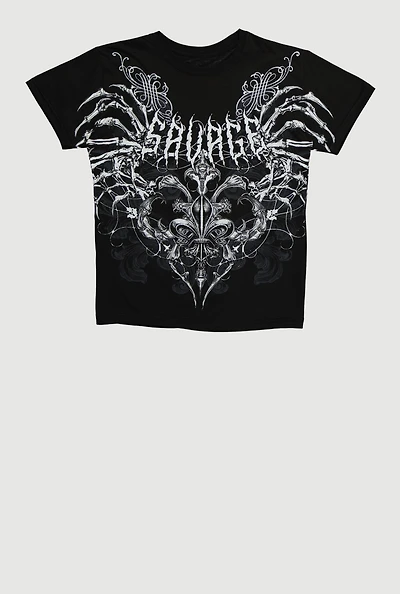 Boys Savage Graphic Crew Neck Tee, Black, Size M