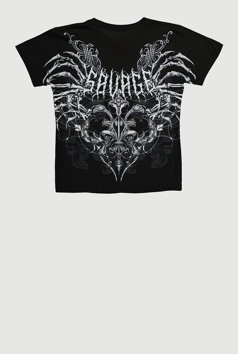 Boys Savage Graphic Crew Neck Tee, Black, Size M