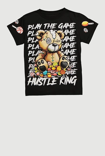 Boys Play The Game Hustle King Teddy Graphic Tee, Black, Size M