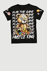 Boys Play The Game Hustle King Teddy Graphic Tee, Black, Size M