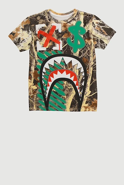 Boys Camo Shark Teeth Graphic Short Sleeve Tee, Multi, Size L