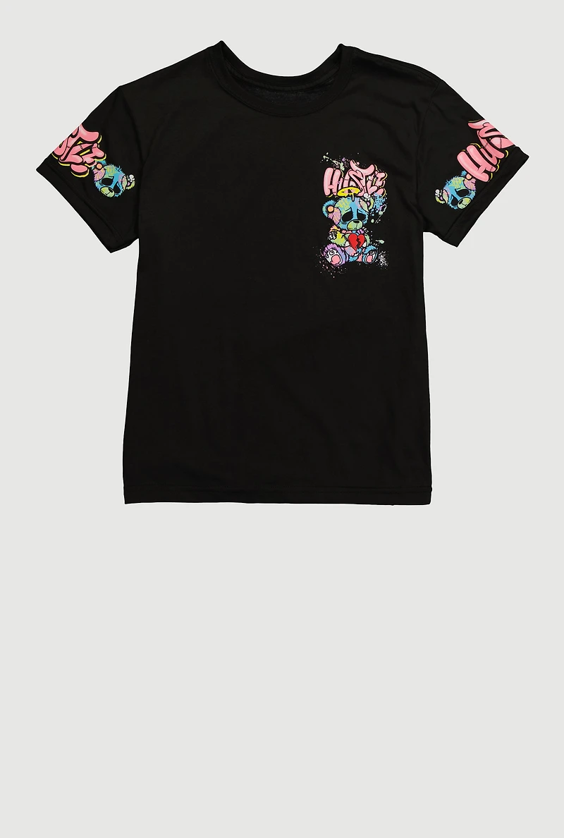 Boys Hustle Graffiti Teddy Graphic Tee, Black, Size M