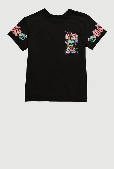 Boys Hustle Graffiti Teddy Graphic Tee, Black, Size M
