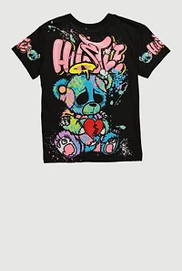 Boys Hustle Graffiti Teddy Graphic Tee, Black, Size M