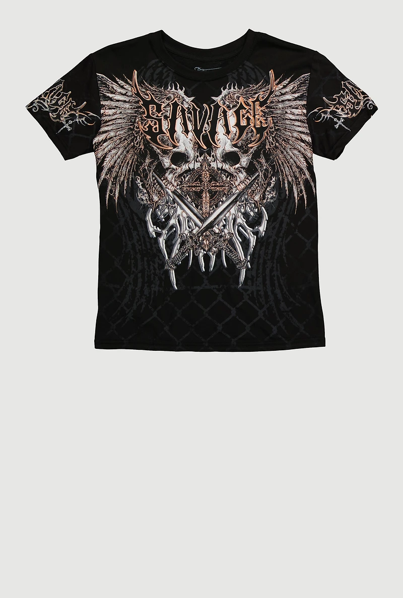 Boys Savage Sword Graphic Crew Neck Tee, Black, Size XL