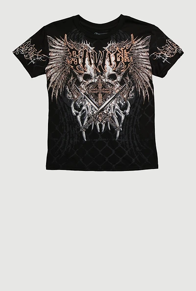 Boys Savage Sword Graphic Crew Neck Tee, Black, Size XL