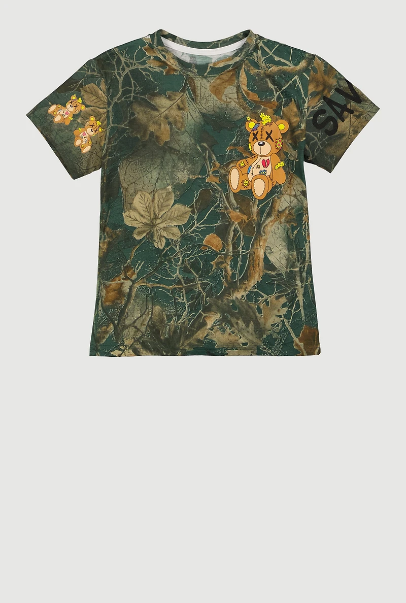Boys Hunter Camo Savage Bear Graphic Tee