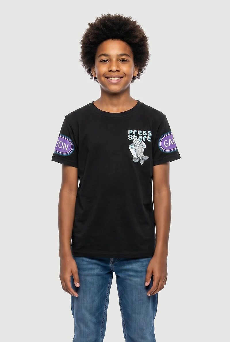 Boys Press Start Game Now Pray Later Graphic Tee