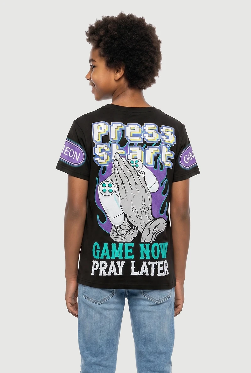 Boys Press Start Game Now Pray Later Graphic Tee