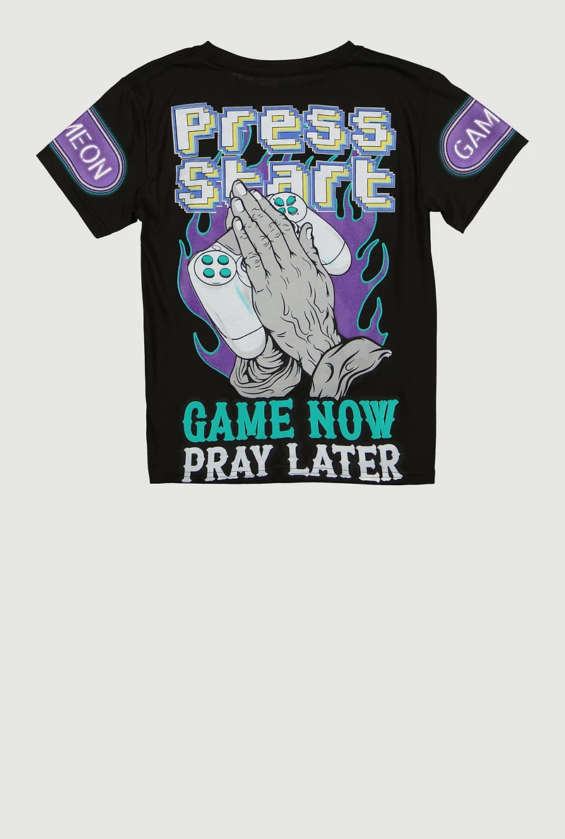Boys Press Start Game Now Pray Later Graphic Tee