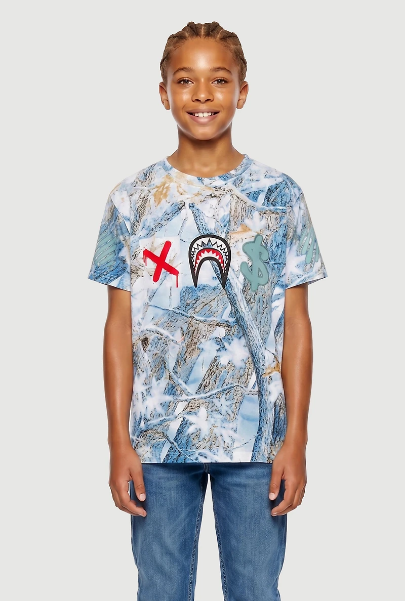 Boys Sharkbite Graphic Winter Forest Camo Tee