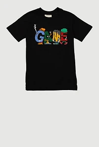 Boys Game Embroidered Crew Neck Graphic Tee, Black, Size 14-16