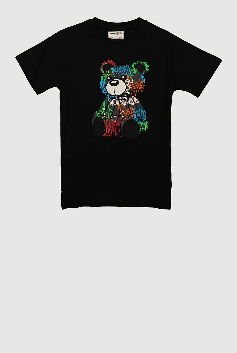 Boys Embroidered Graffiti Bear Graphic Tee, Black, Size 18-20
