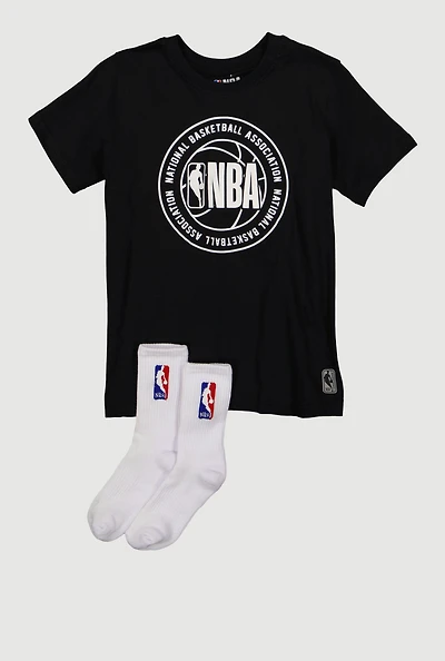 Boys NBA Graphic Tee and Socks, Black, Size 14-16