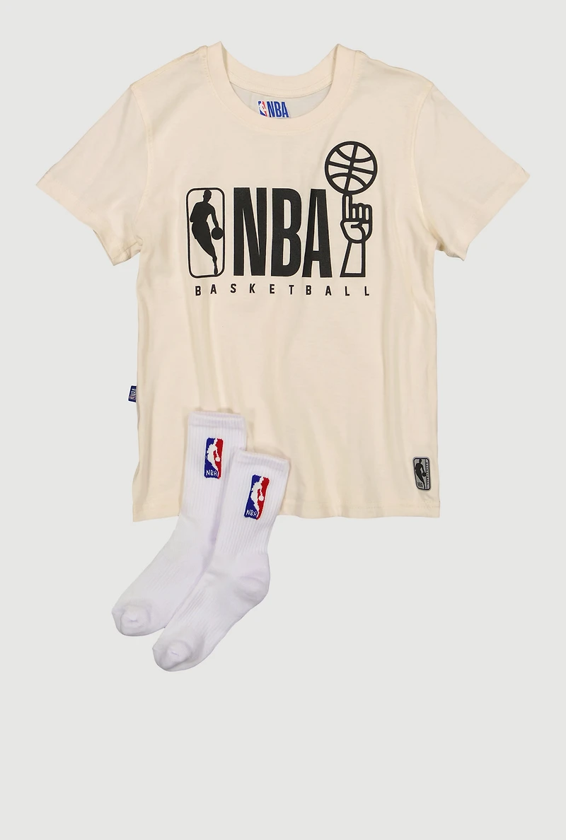 Boys NBA Basketball Graphic Tee and Socks, Beige, Size 10-12
