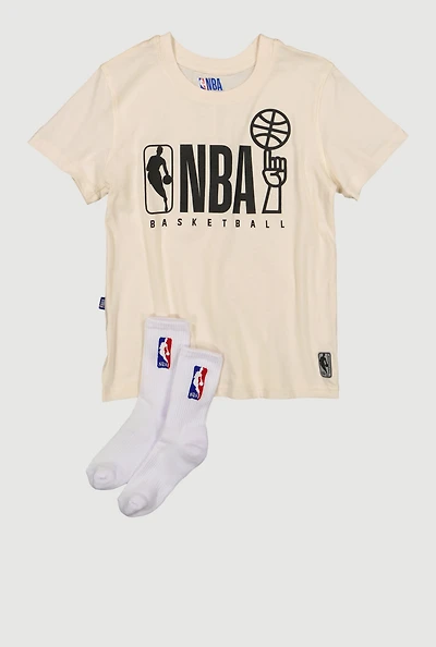 Boys NBA Basketball Graphic Tee and Socks, Beige, Size 8