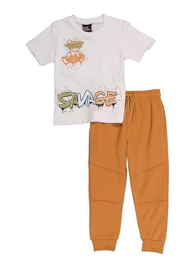 Little Boys Savage Graphic Tee and Joggers, White, Size 4