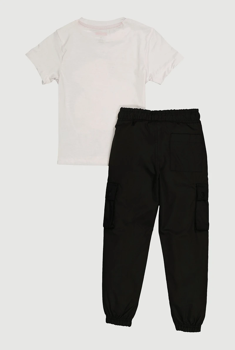 Little Boys Feed Your Hunger Bear Tee and Cargo Joggers, White, Size 4