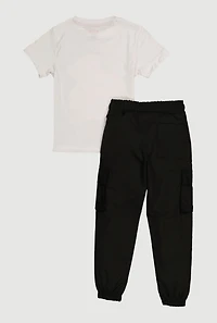 Little Boys Feed Your Hunger Bear Tee and Cargo Joggers, White, Size 5