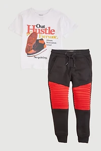 Little Boys Out Hustle Everyone Graphic Tee and Moto Joggers