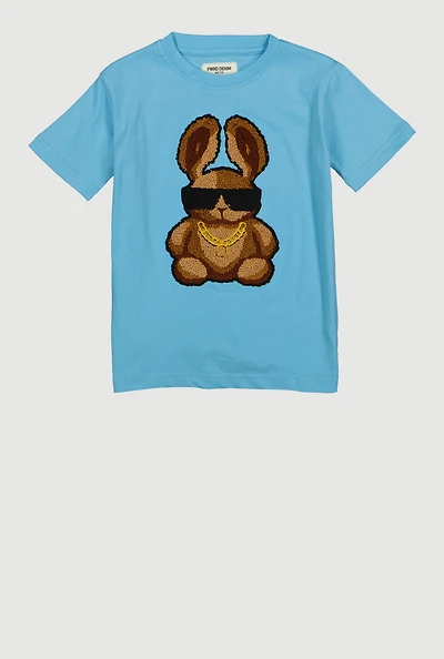 Little Boys Bunny Chenille Patch Tee, Blue, Size 4