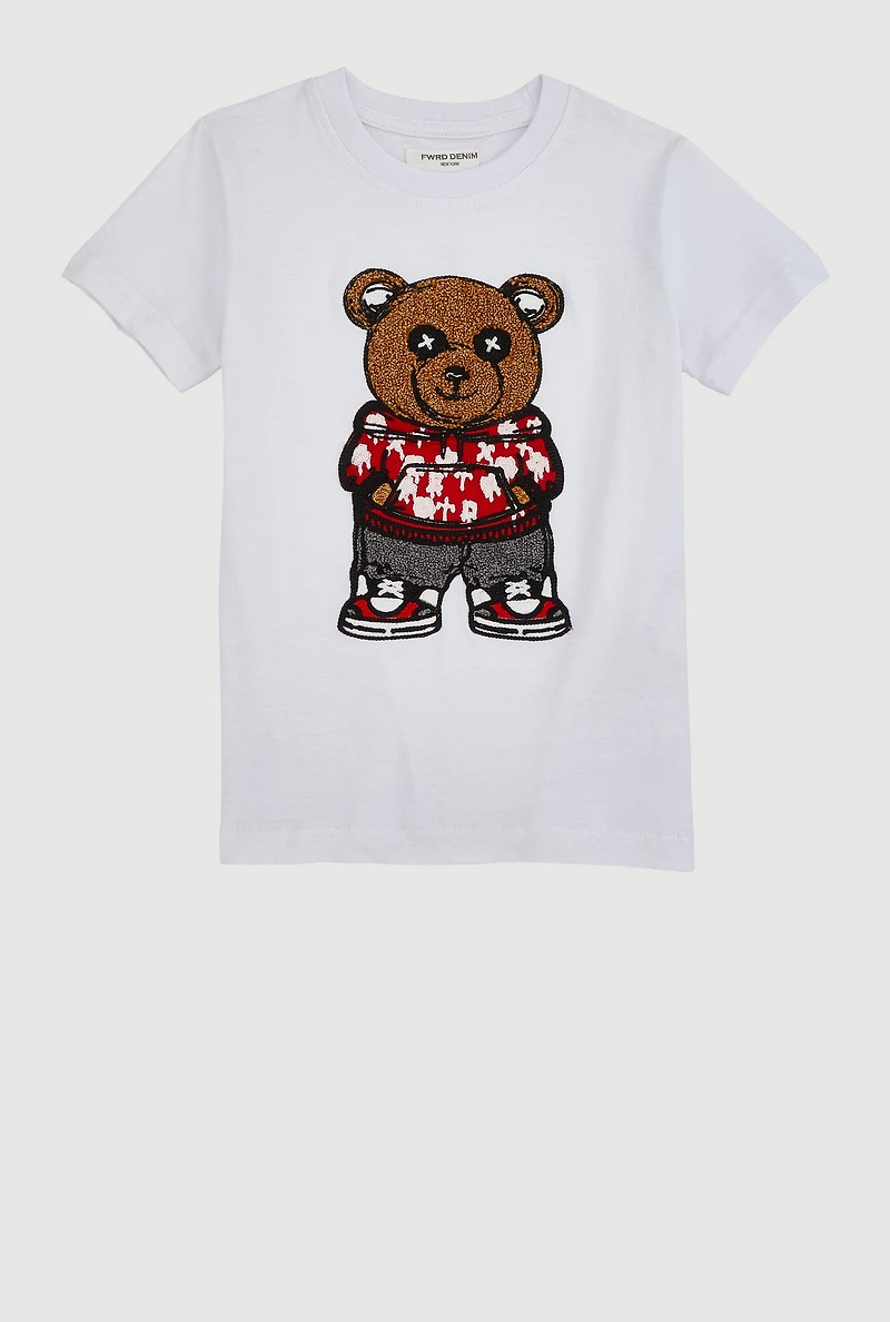 Little Boys Chenille Bear Graphic Top, White, Size 7