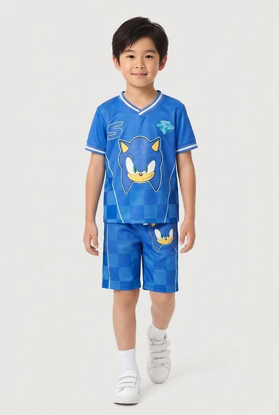 Little Boys Checkered Sonic Graphic Soccer Jersey and Shorts