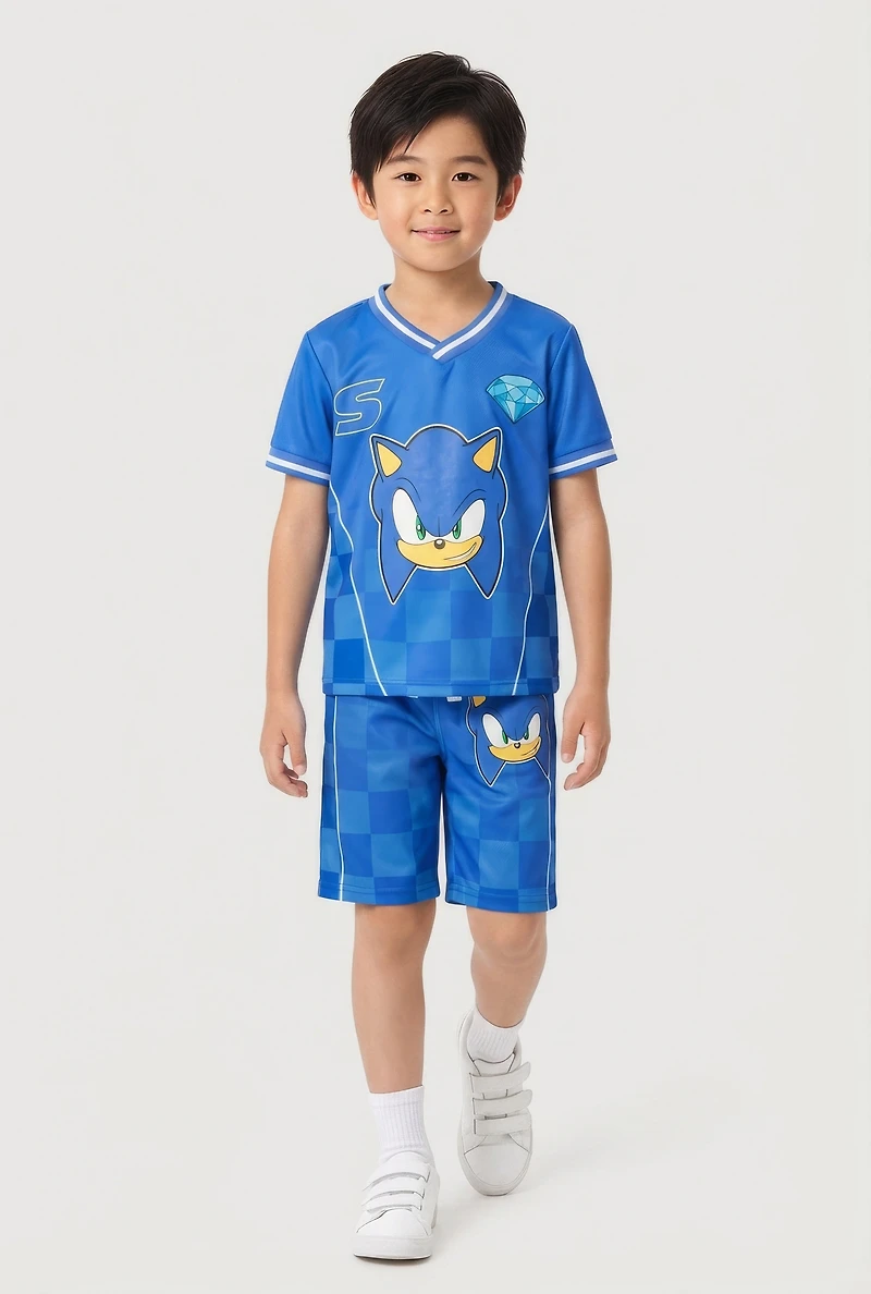 Little Boys Checkered Sonic Graphic Soccer Jersey and Shorts