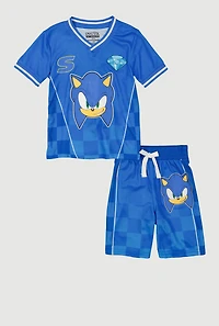 Little Boys Checkered Sonic Graphic Soccer Jersey and Shorts