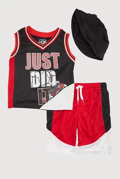 Little Boys Varsity Stripe Just Did It Jersey and Shorts with Hat