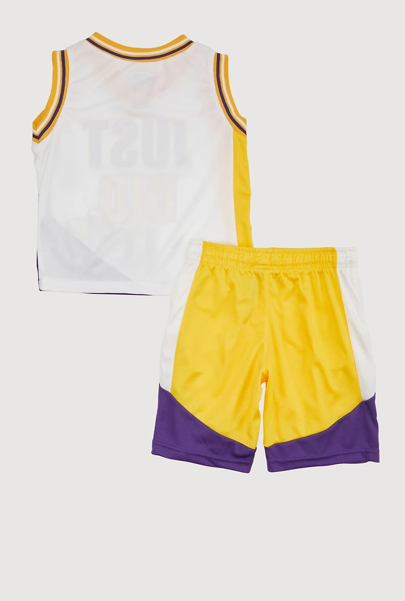 Little Boys Varsity Stripe Just Did It Jersey and Shorts with Hat, Yellow, Size 5-6