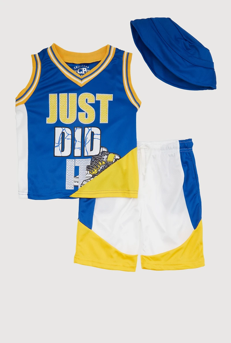 Little Boys Varsity Stripe Just Did It Jersey and Shorts with Hat