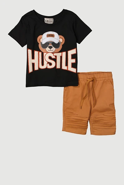 Little Boys Chenille Hustle Teddy Tee and Moto Shorts Set