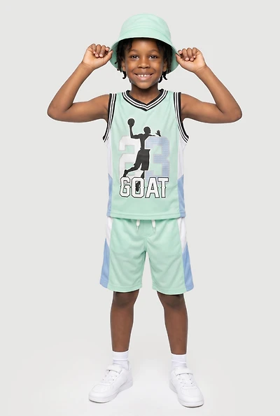 Little Boys 23 GOAT Graphic Mesh Jersey and Shorts with Bucket Hat