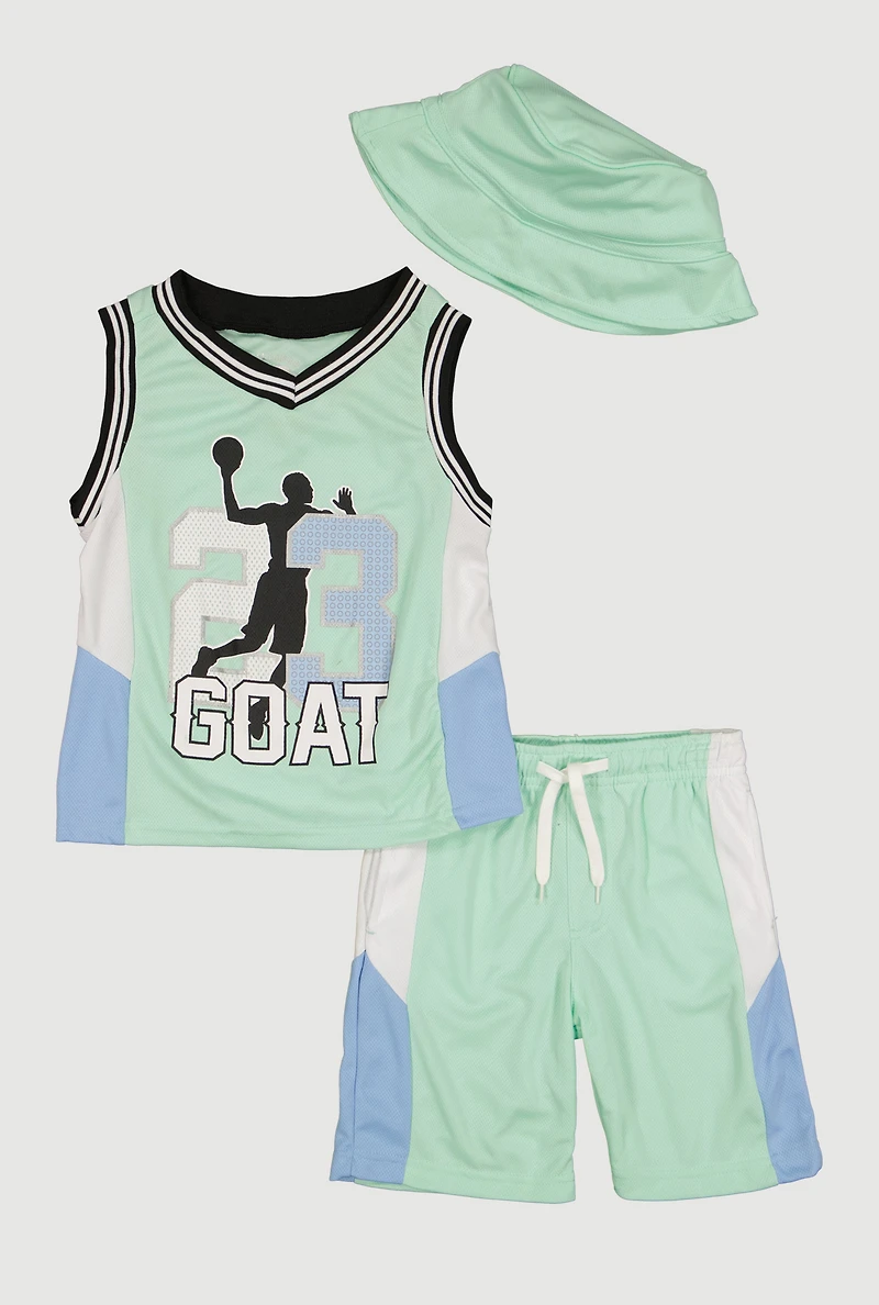Little Boys 23 GOAT Graphic Mesh Jersey and Shorts with Bucket Hat