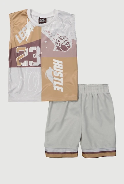 Little Boys Color Blocked Basketball Graphic Tee and Jersey Mesh Shorts, Multi, Size 7