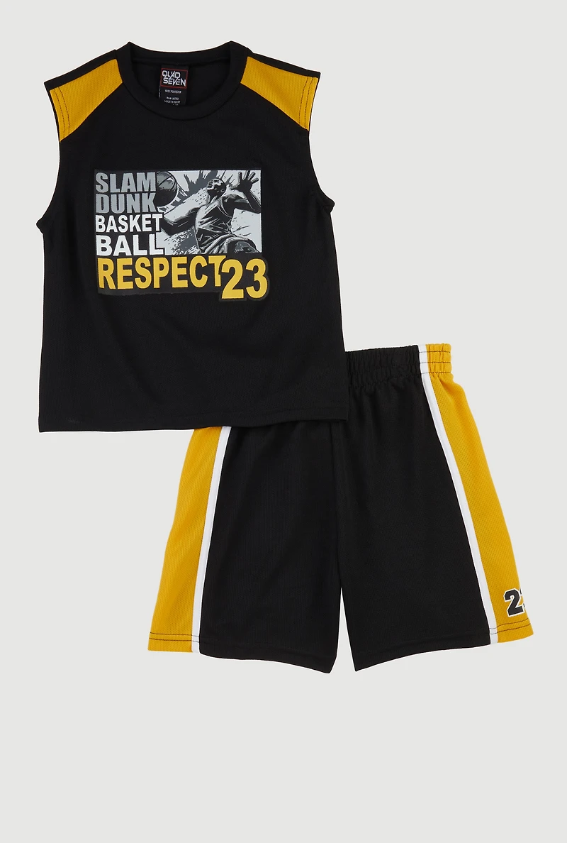 Little Boys Slam Dunk Graphic Tee and Jersey Mesh Shorts, Black, Size 7