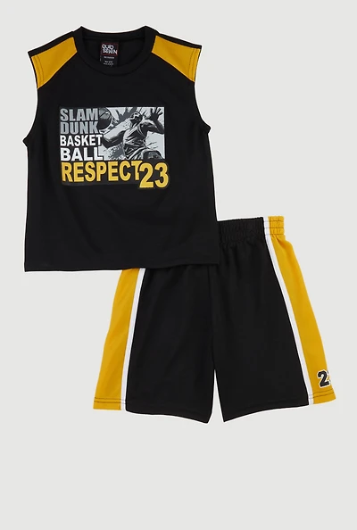 Little Boys Slam Dunk Graphic Tee and Jersey Mesh Shorts, Black, Size 7