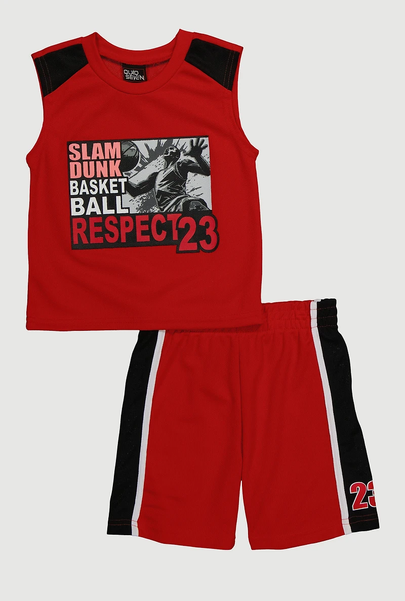 Little Boys Slam Dunk Graphic Tee and Jersey Mesh Shorts