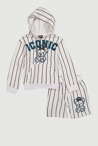 Little Boys Iconic Pinstripe Hoodie and Sweatshorts, White, Size 4