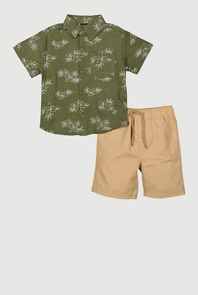 Little Boys Marled Flower Print Shirt and Shorts, Green, Size 7