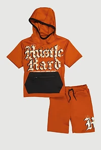 Little Boys Hustle Hard Hooded Tee and Shorts