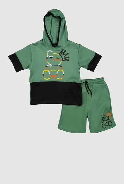 Little Boys Color Block Bear Graphic Tee and Shorts